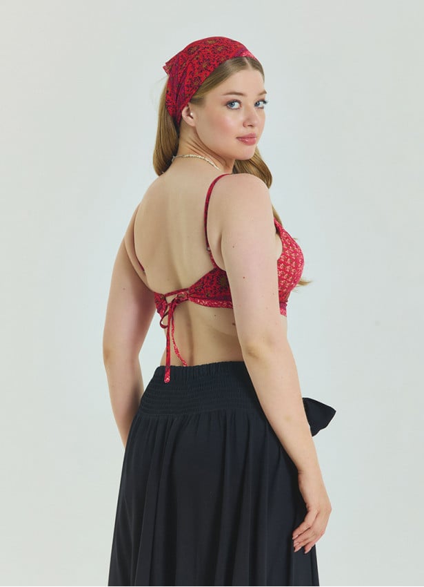 Lace Up Open Back Adjustable Red Plus Size Blouse 4660